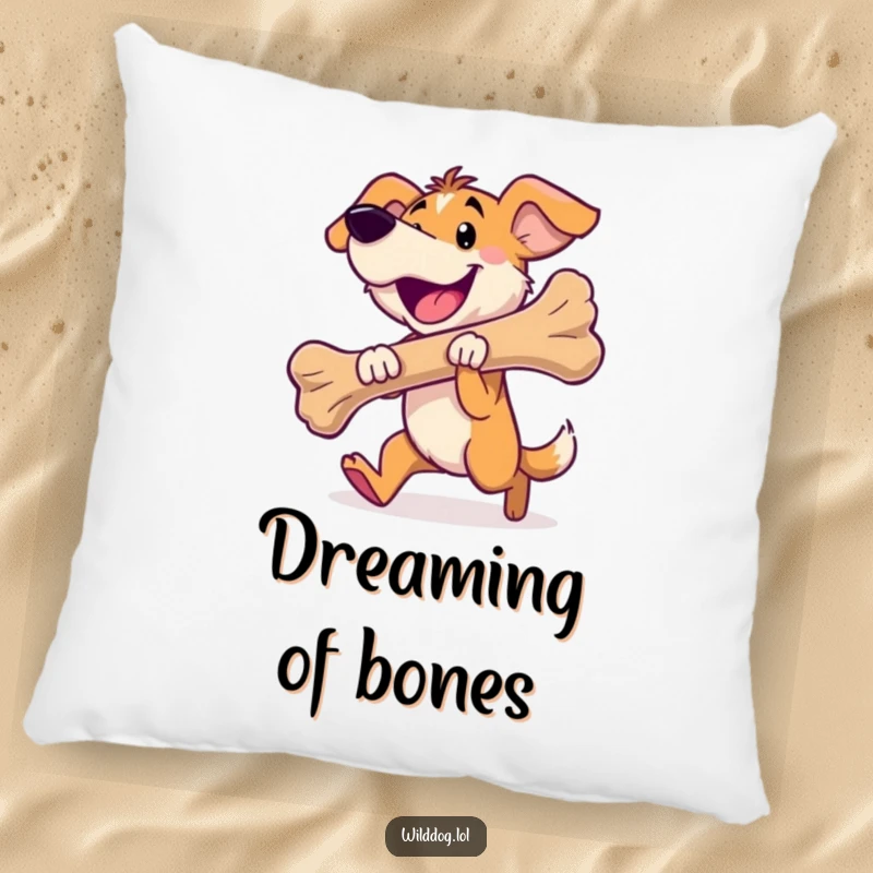Funny wild dog pillow with a happy dog carrying a large bone, cozy and humorous accent.
