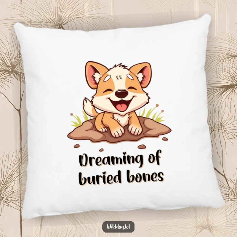 Funny Pillow: A wild dog gleefully digs a hole, its whole body vibrating with energetic happiness and a comical obsession.