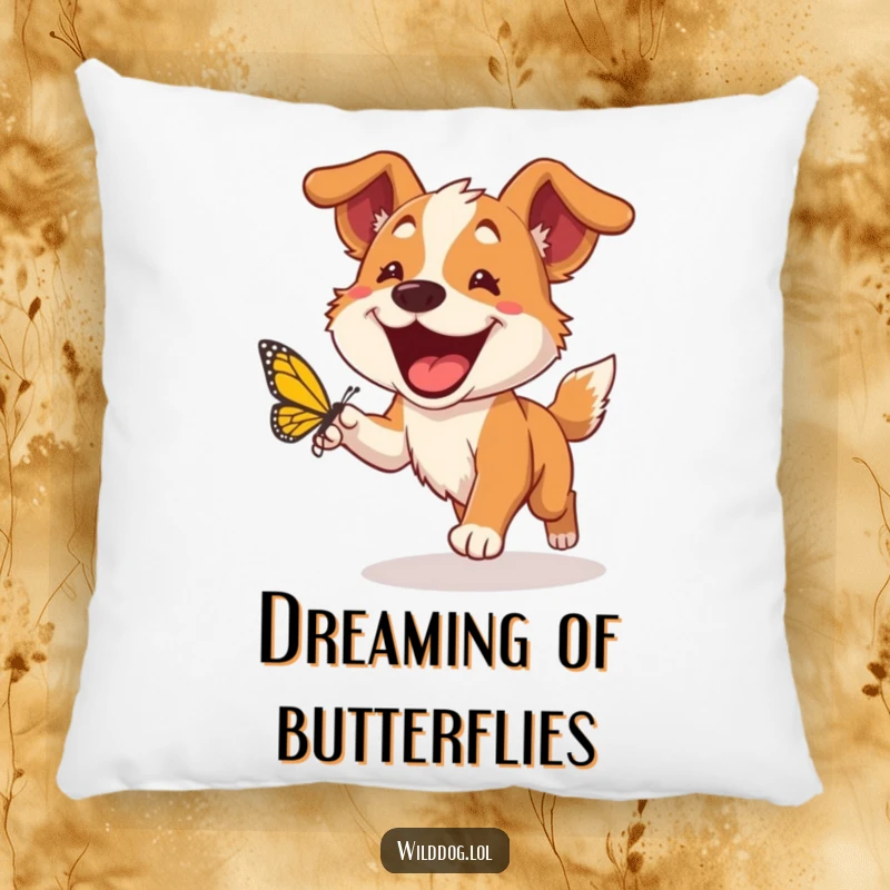 Funny wild dog pillow showing a happy dog with a big grin chasing a butterfly, offering a comfortable and humorous decorative accent.