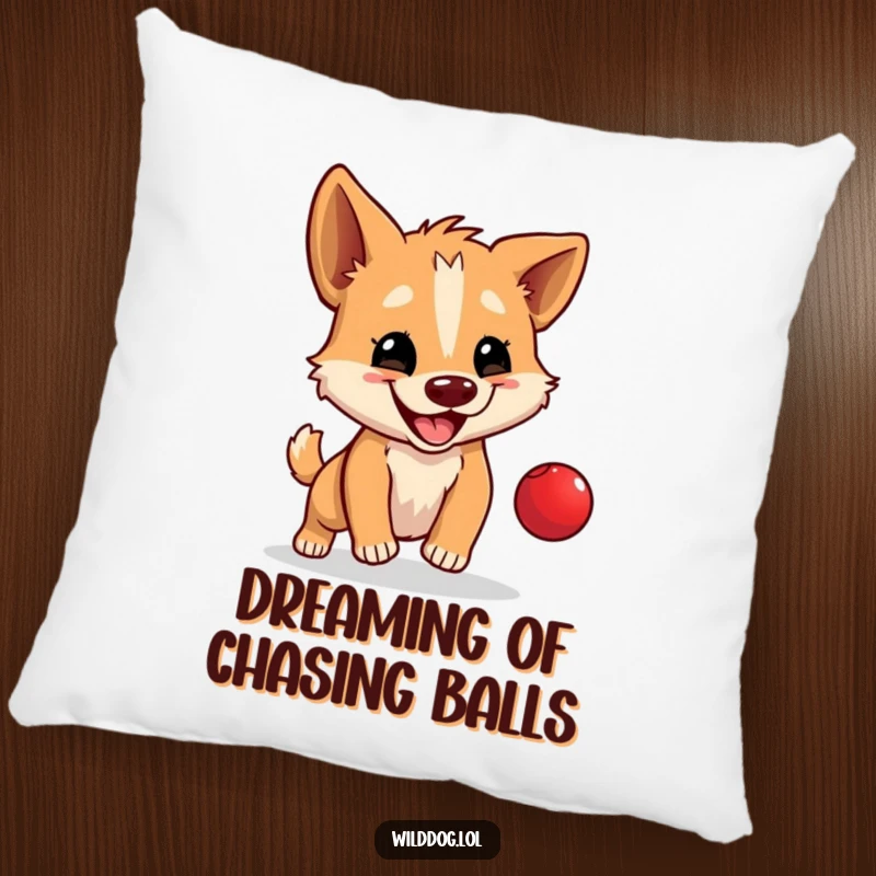 Funny pillow featuring a wild dog happily bouncing a tiny red ball, offering comfort and playful humor.