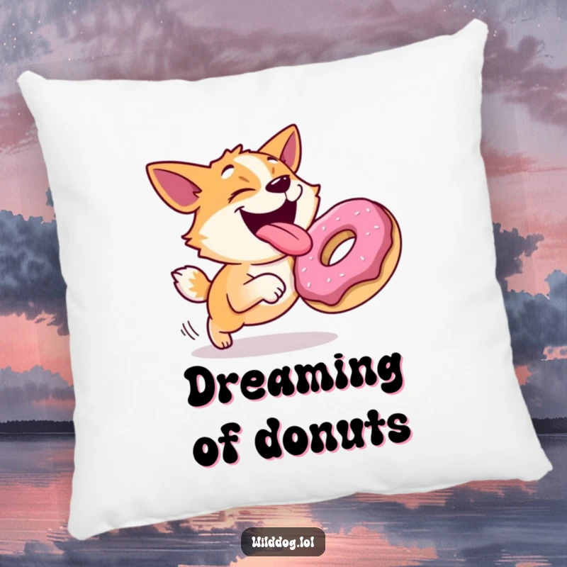 Funny pillow with a joyful dog with its tongue out, hilariously chasing a rolling donut, offering humorous comfort and playful style.