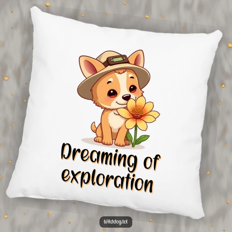 Funny explorer dog pillow, a dog in an explorer hat sniffing a giant flower, adding comfort and humor to any room.