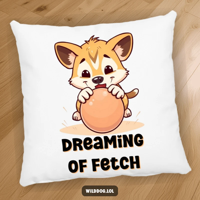Funny pillow featuring a wild dog puppy playfully pouncing on a rolling ball, offering comfort and fun.
