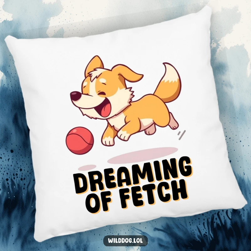Funny pillow featuring an excited wild dog joyfully chasing a bouncing ball, designed for comfort and amusement.