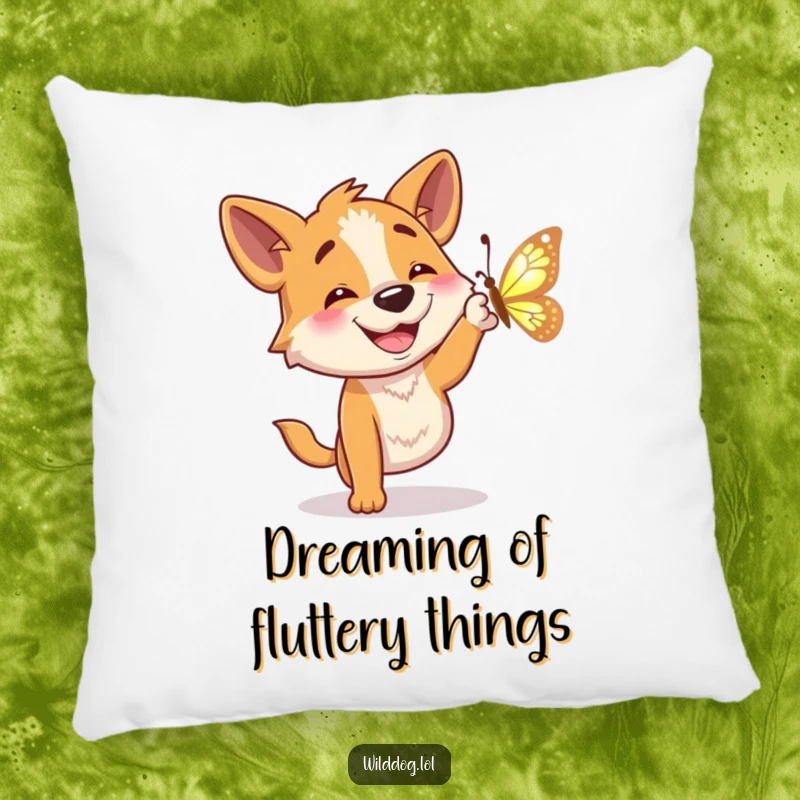 Funny pillow featuring a happy wild dog character with a grin trying to catch a shimmering butterfly.