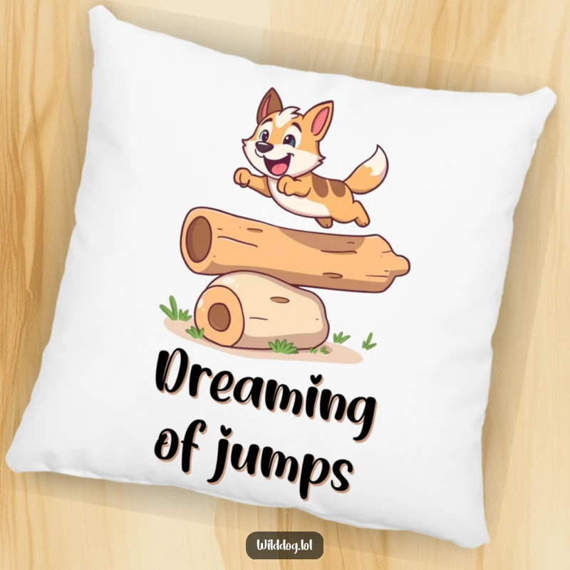 Funny pillow featuring an excited wild dog joyfully leaping over a small log, designed for comfort and amusement.