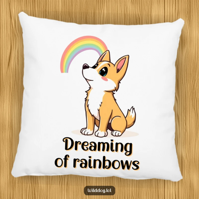 Funny wild dog wagging tail, gazing at a rainbow, providing cozy and funny decorative comfort. Funny gift pillow.