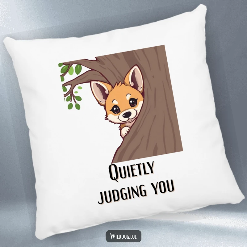 Funny wild dog peeking with curious eyes from behind a tree, on a soft pillow for cozy, humorous decor.
