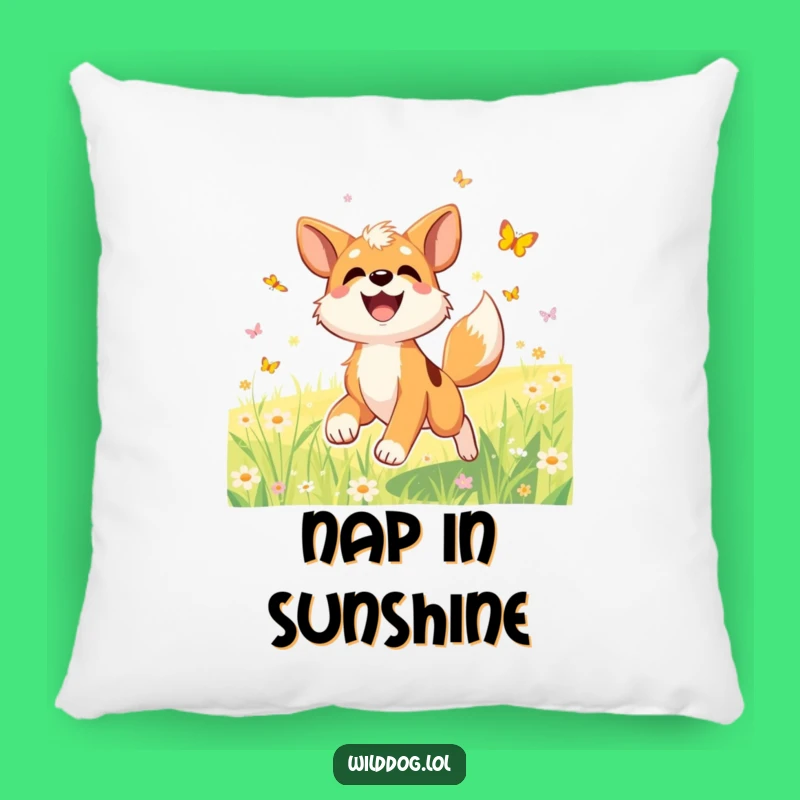 Funny Dog Meadow Pillow, Happy Chase Cushion, Adorable Funny Gift