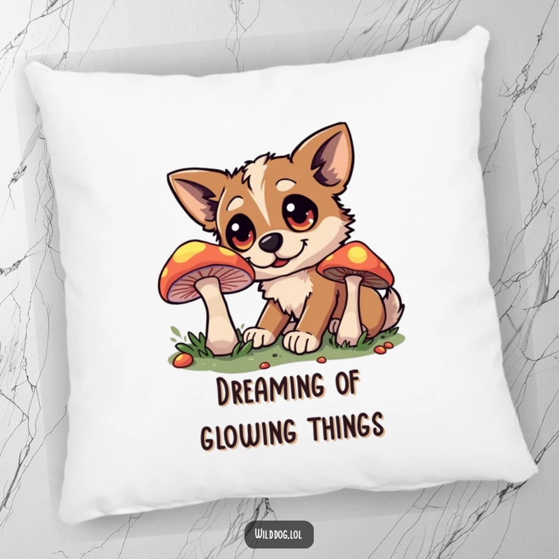 Funny pillow showing a wide-eyed wild dog looking amazed at a softly glowing mushroom.