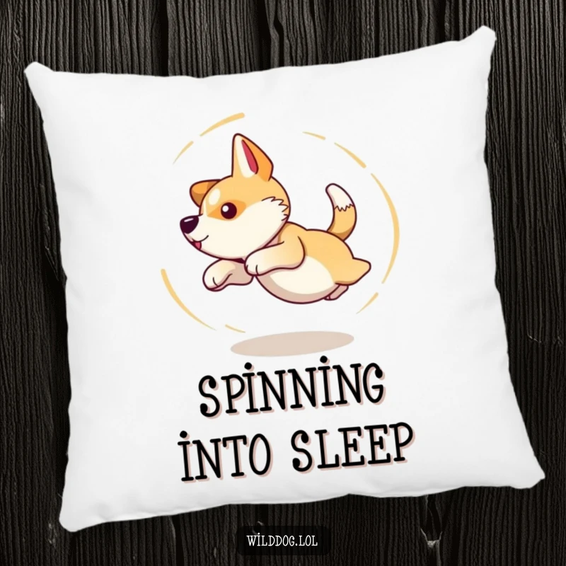 Funny pillow design of a wild dog caught in a dizzy, circular motion while hilariously pursuing its own tail.