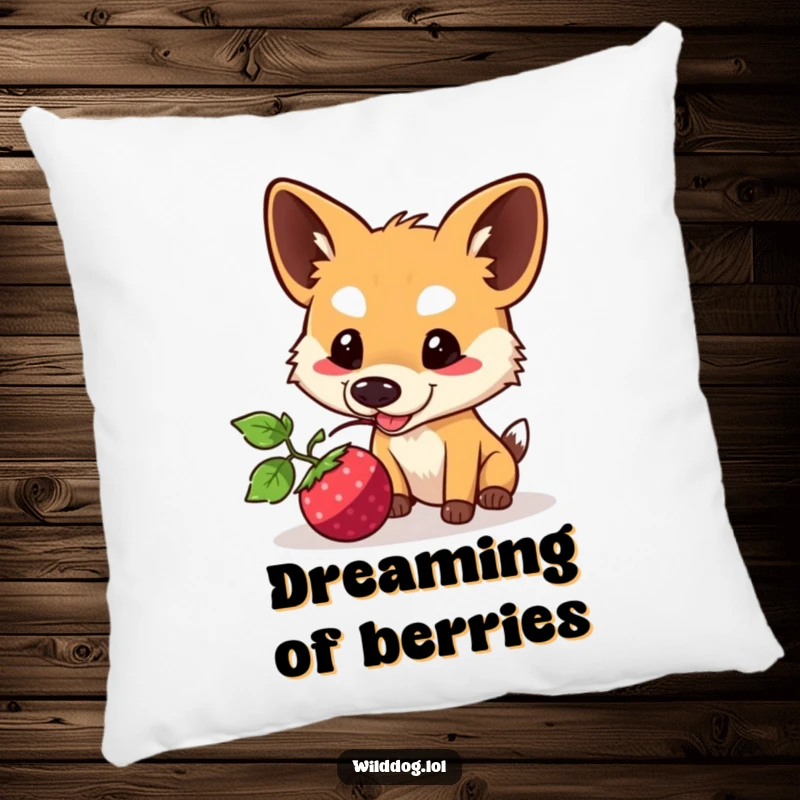 Funny Kawaii Wild Dog Pillow: Soft cushion featuring a cute dog nudging a berry, offering comfort and a touch of funny charm.