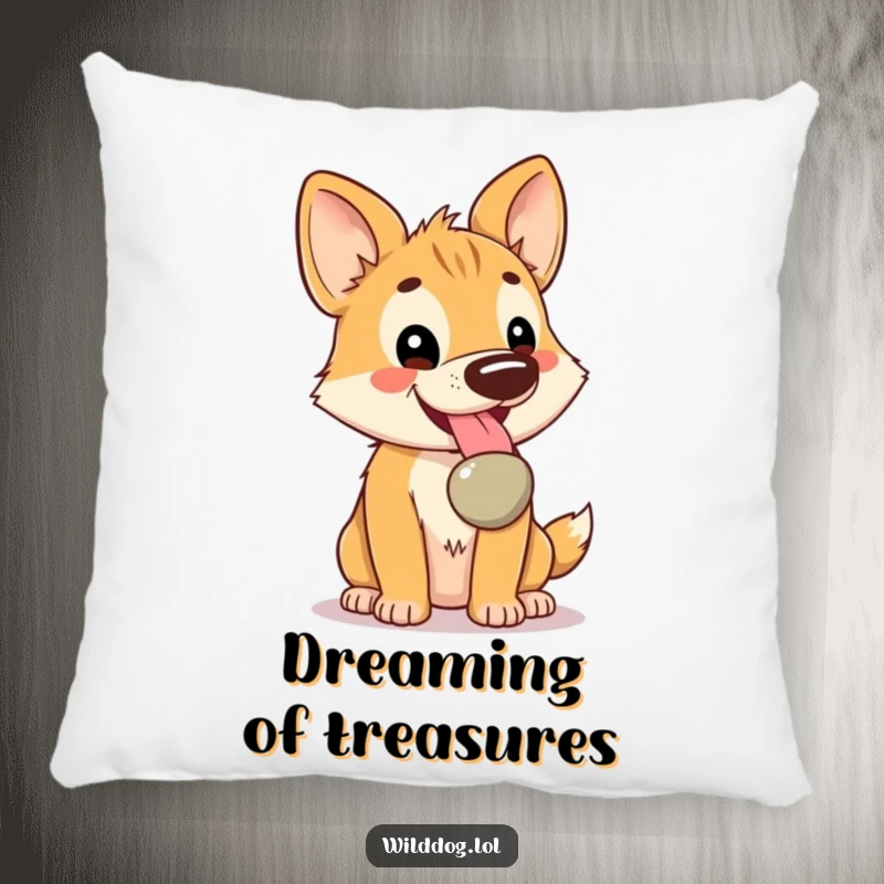 Funny Kawaii Wild Dog Pillow: Soft cushion featuring a happy dog with a shiny pebble, offering comfort and funny charm.