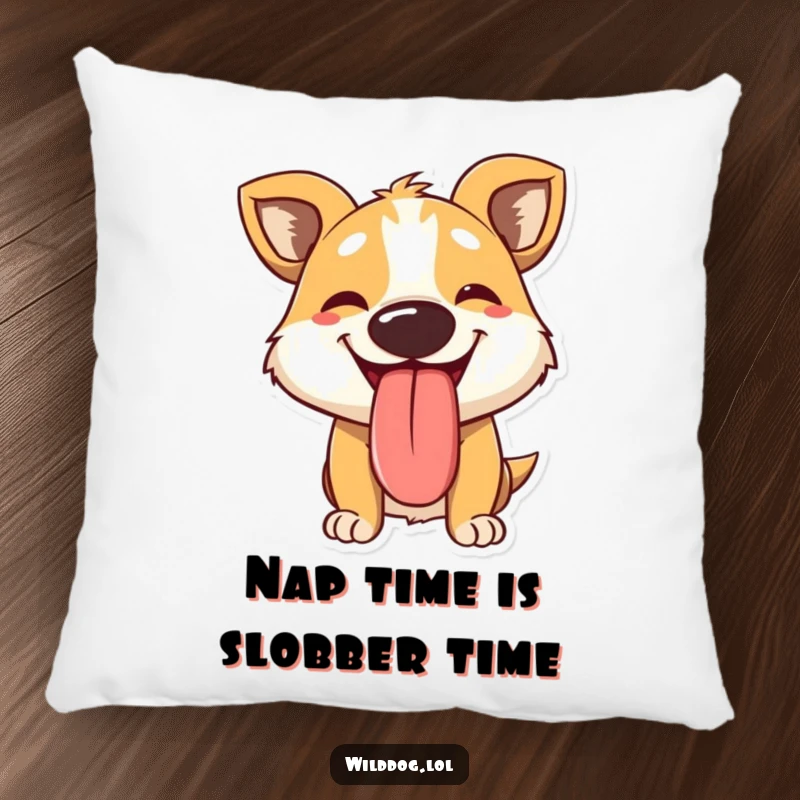 Funny pillow with a plush wild dog character panting with its large, happy tongue out, offering comfort and a dose of playful humor.