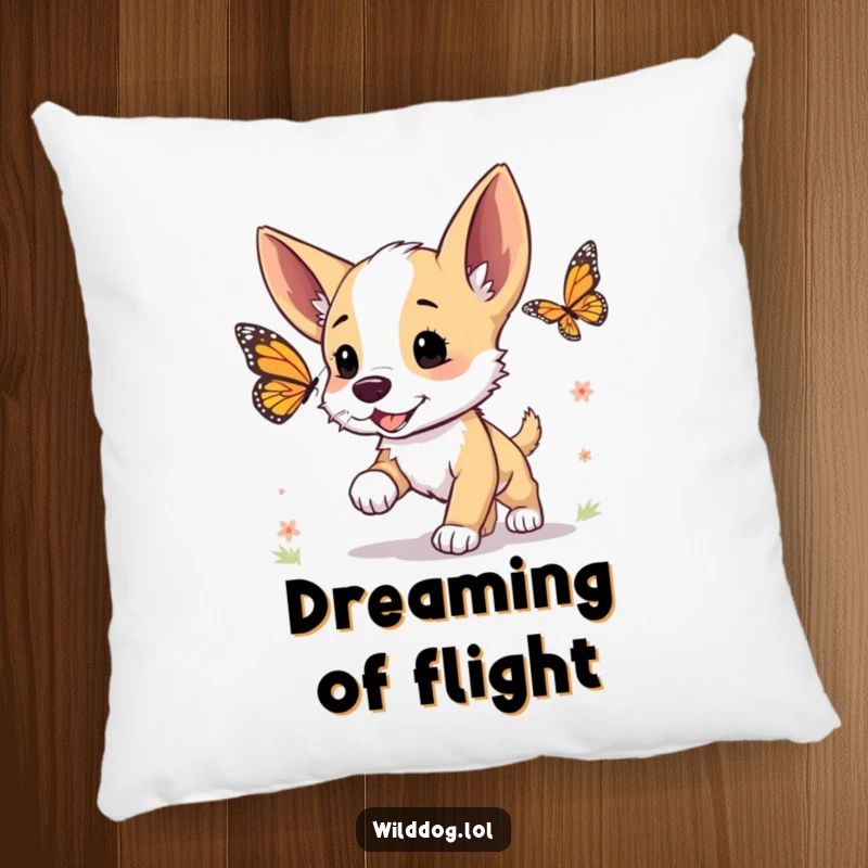 Funny pillow featuring a cute wild dog puppy with ears perked, chasing a butterfly, offering comfort and smiles.