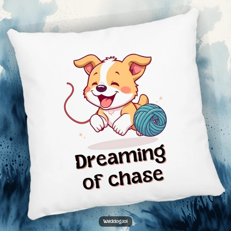 Funny wild dog puppy joyfully chasing a bouncing ball of yarn on a soft pillow, cute and comforting.