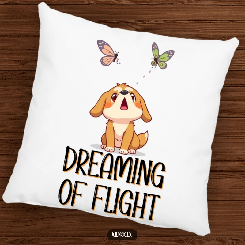 Soft pillow featuring a funny wild dog character looking surprised at a floating butterfly, adding comical comfort and decor.