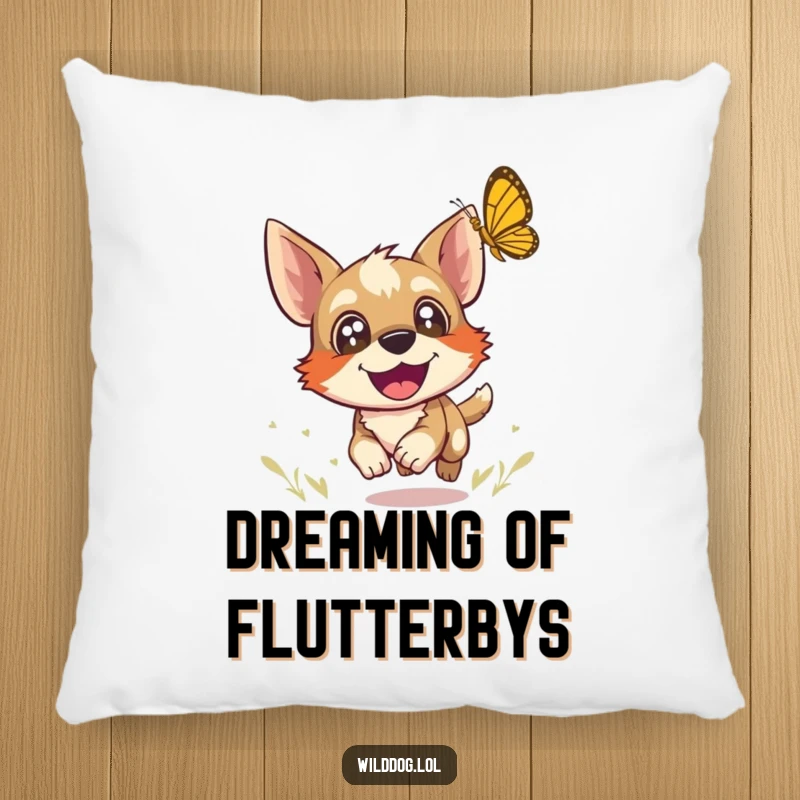 Funny pillow featuring a wild dog with joyful eyes chasing a butterfly, offering comfort and a visual reminder of happiness.