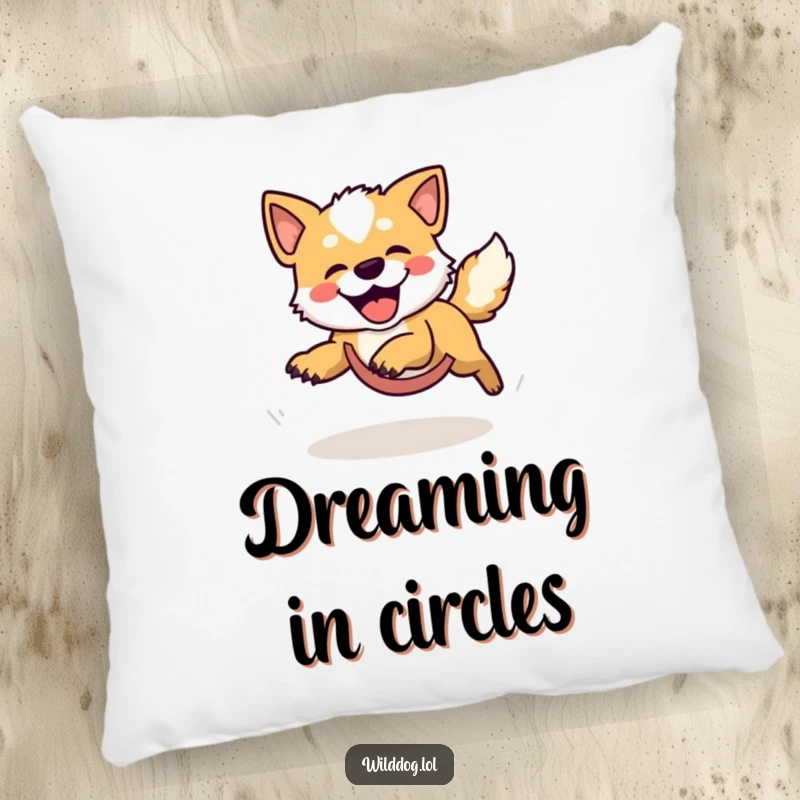 Funny pillow featuring an adorable wild dog gleefully chasing its tail in a comical, circular motion, adding playful charm to any room.