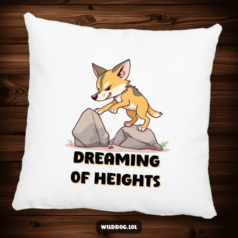 Funny Wild Dog Climbing Pillow featuring a dog determinedly trying to climb a small rock.