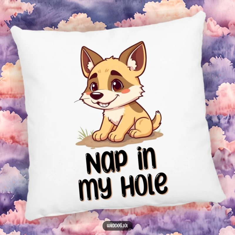 Funny pillow with a wild dog displaying a wide, goofy grin while its paws dig energetically into the ground, a symbol of happy, messy fun.