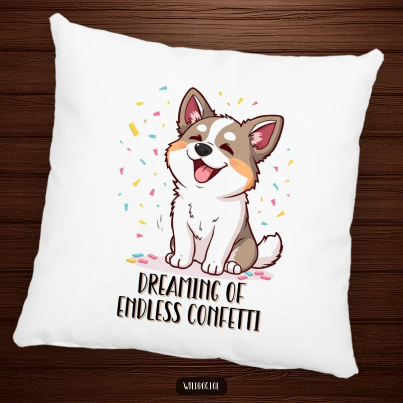 Funny pillow featuring a wild dog joyfully scattering colorful confetti, offering comfort and festive humor.