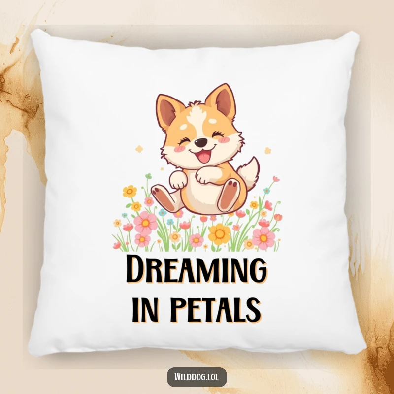 Funny pillow showcasing a wild dog rolling gleefully in a dense field of colorful, fragrant flowers, radiating pure joy.