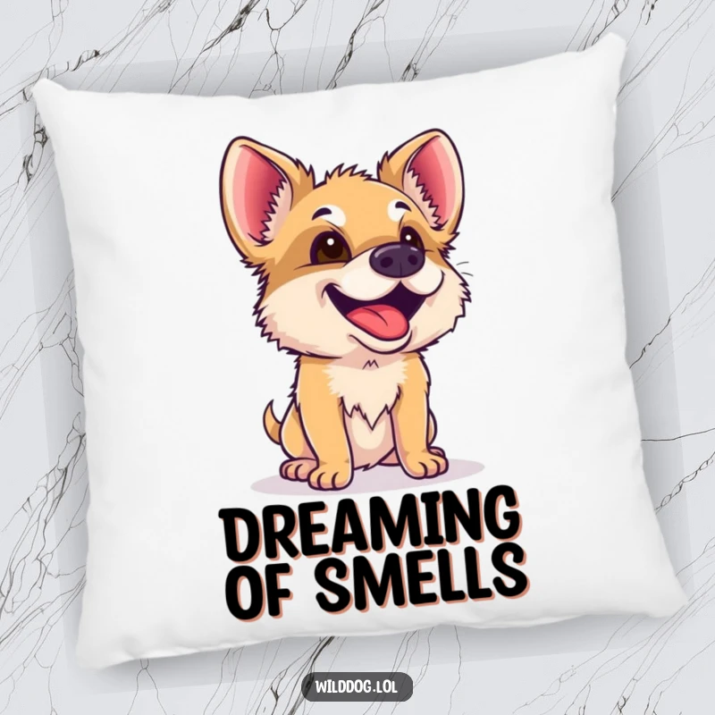 Funny Wild Dog Pillow: A curious wild dog sniffs the air with pure delight, bringing humorous and cozy vibes to this decorative pillow.