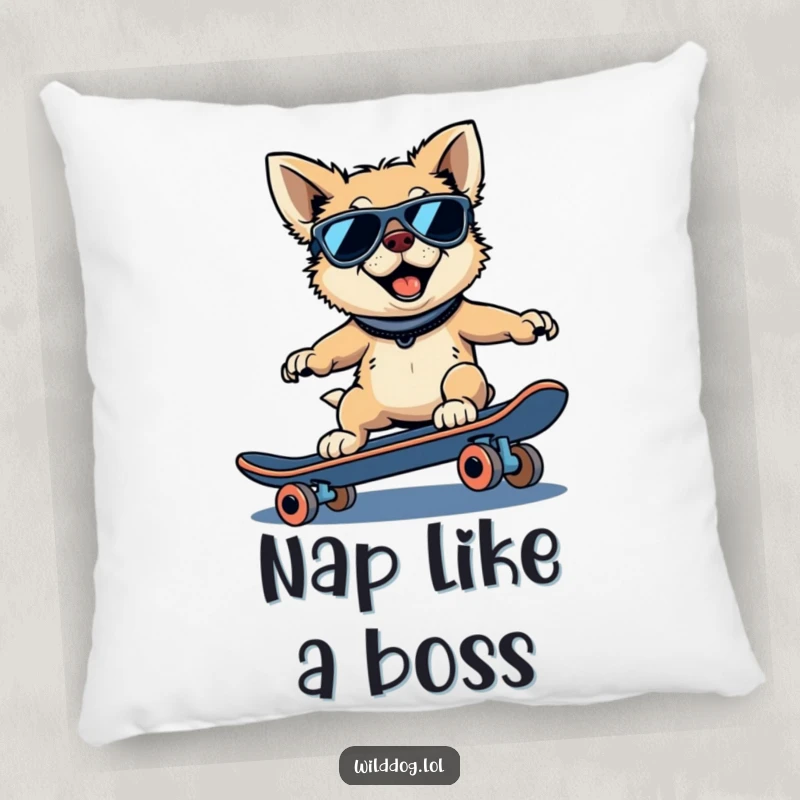 Funny wild dog pillow featuring a cool dog in sunglasses, riding a skateboard downhill, adding laid-back humor.