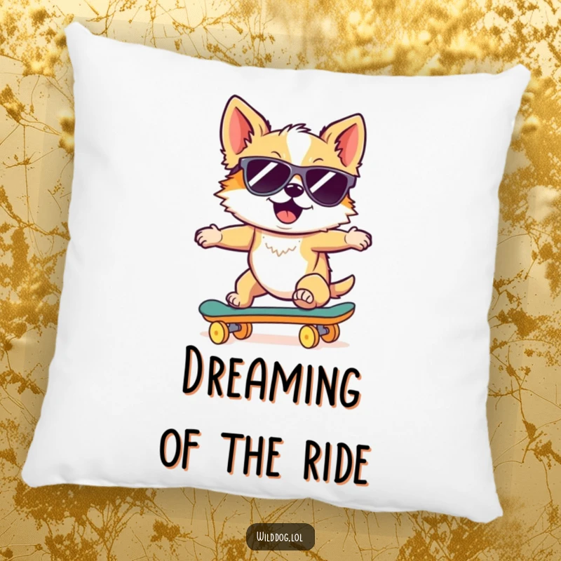 Funny pillow featuring a wild dog wearing sunglasses, riding a skateboard downhill, providing comfort and a cool, laid-back vibe.