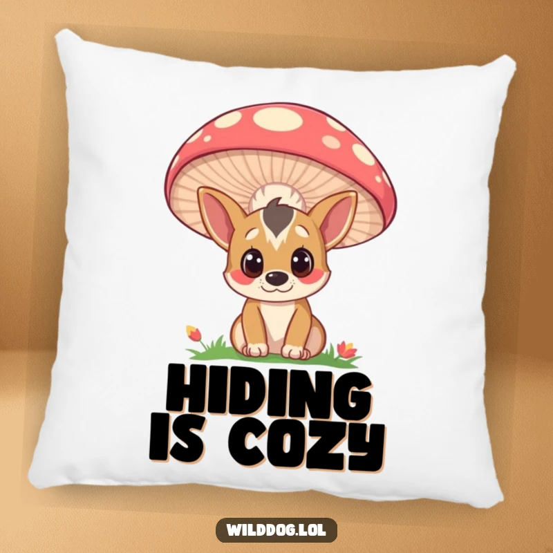 Funny pillow showcasing a curious wild dog peeking with wide eyes from behind a large, colorful mushroom, adding a touch of whimsy to any room.