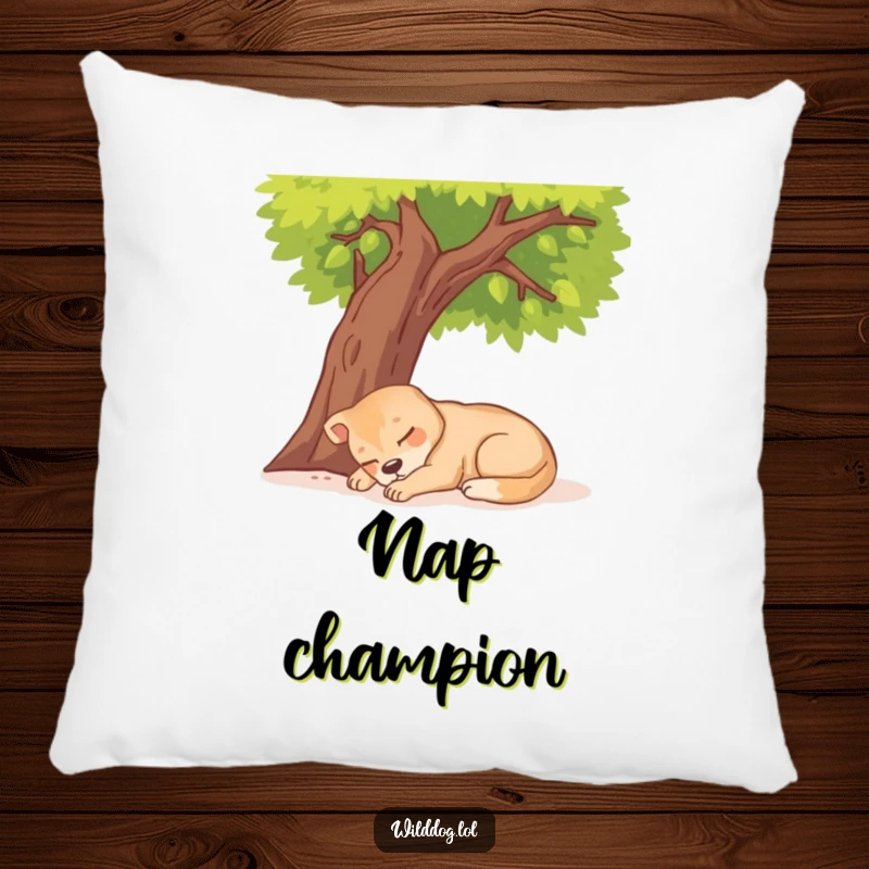 Funny Wild Dog Napping Pillow featuring a content dog sleeping soundly under a sunny tree.