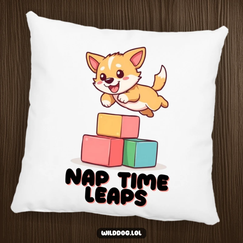 Funny pillow design featuring a happy wild dog leaping over colorful blocks, bringing a sense of fun and agility to your decor.
