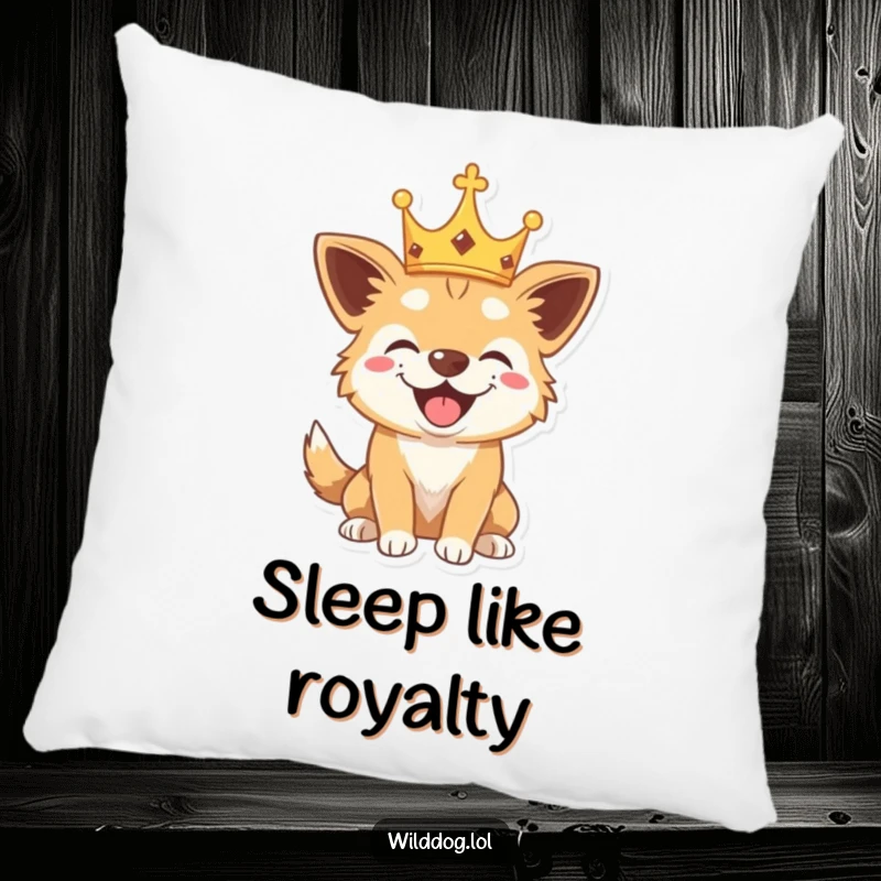 Funny pillow featuring a wild dog wearing a small crown, barking playfully, providing comfort and a touch of royal humor.