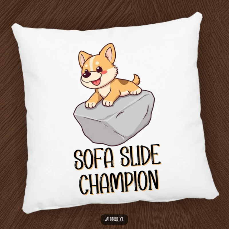 Funny pillow showing a wild dog sliding happily down a smooth rock.