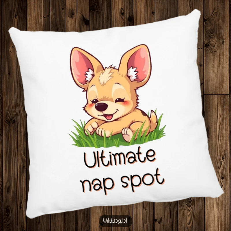 Funny pillow featuring a happy wild dog with oversized ears playfully rolling in lush green grass, designed for comfort.
