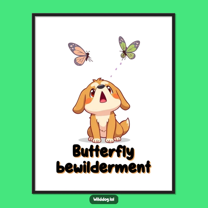 Funny Wild Dog Butterfly Digital Print: Surprised Wonder Scene for Instant Decor Gift