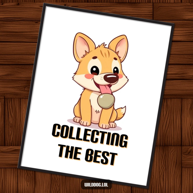 Funny Kawaii Wild Dog Digital Art Print: Cute character panting with a shiny pebble, ready to adorn any wall space with funny charm.
