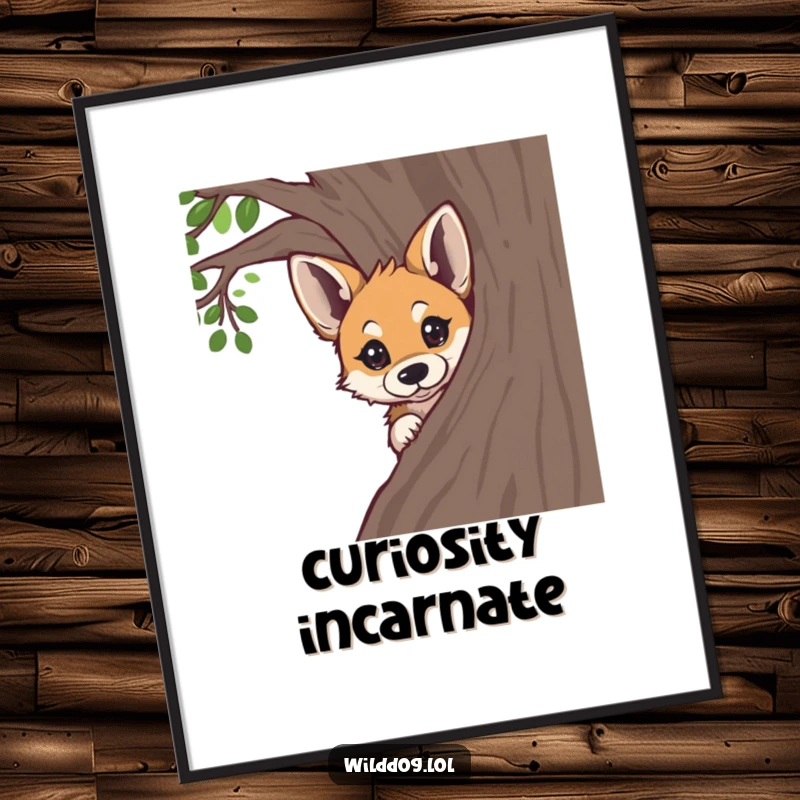 Funny wild dog peeking curiously from behind a tree, as digital wall art, ready for instant display.