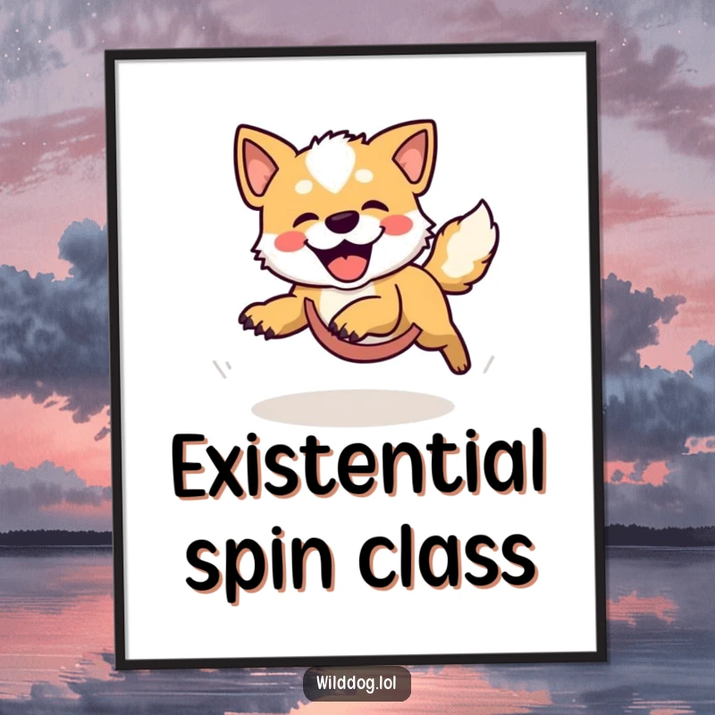 Funny digital art of a wild dog in a comical, ecstatic loop, joyfully chasing its own tail, ready to bring laughter to your walls.