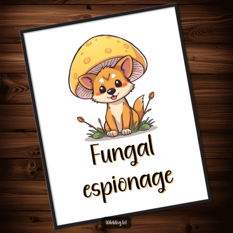 Funny Wild Dog Mushroom Digital Art Print of a dog peeking from behind a large, colorful mushroom.