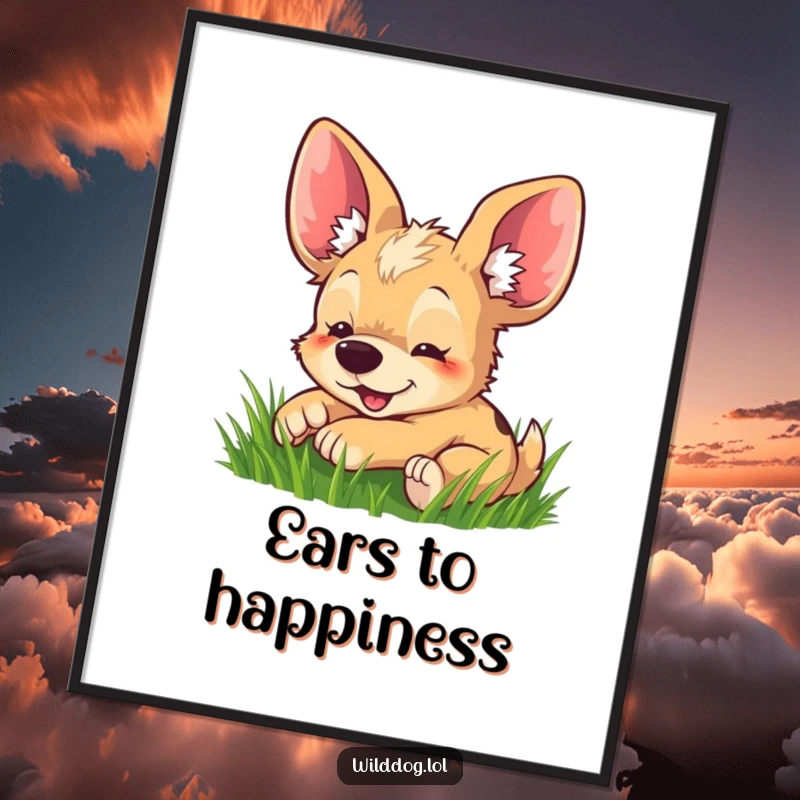 Funny digital art print of an adorable wild dog with oversized ears joyfully rolling in green grass, radiating charm.