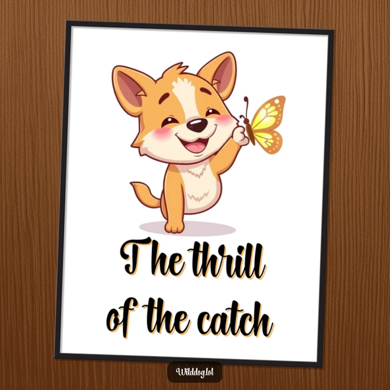 Funny digital art print of a wild dog with a happy grin attempting to catch a shimmering butterfly.