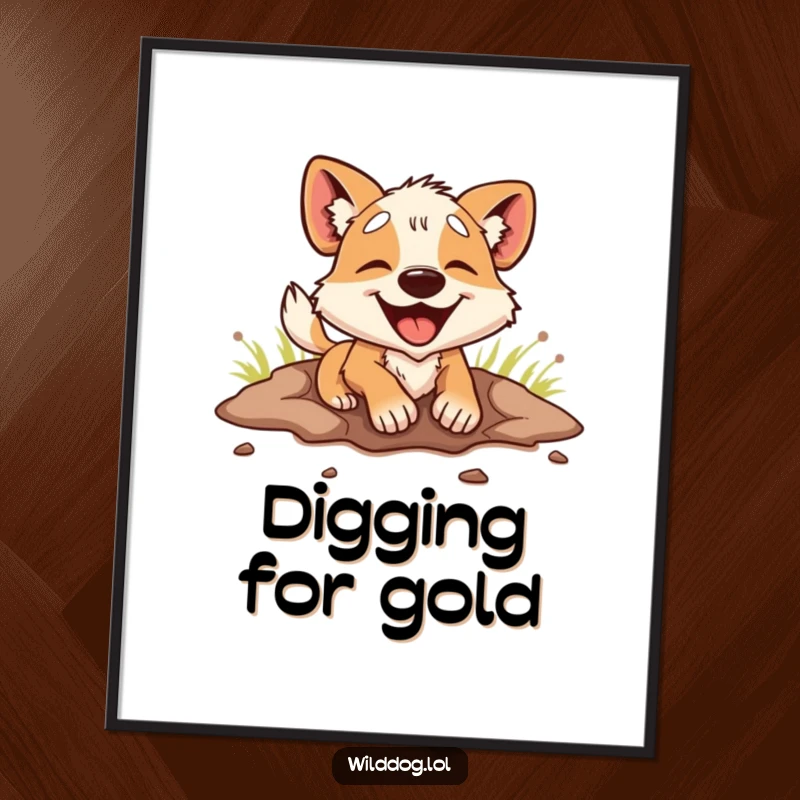 Funny Digital Art Print: A wild dog is depicted enthusiastically digging a hole, radiating pure joy and energetic canine humor.