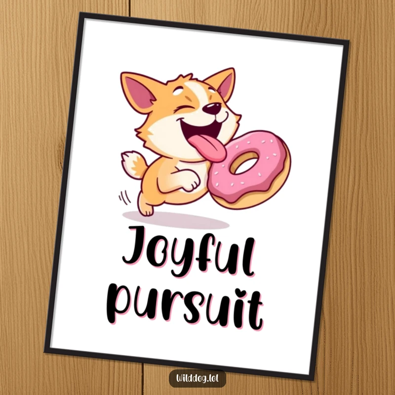 Funny digital art print of a joyful dog with its tongue out, hilariously chasing a rolling donut, suitable for humorous wall decor.