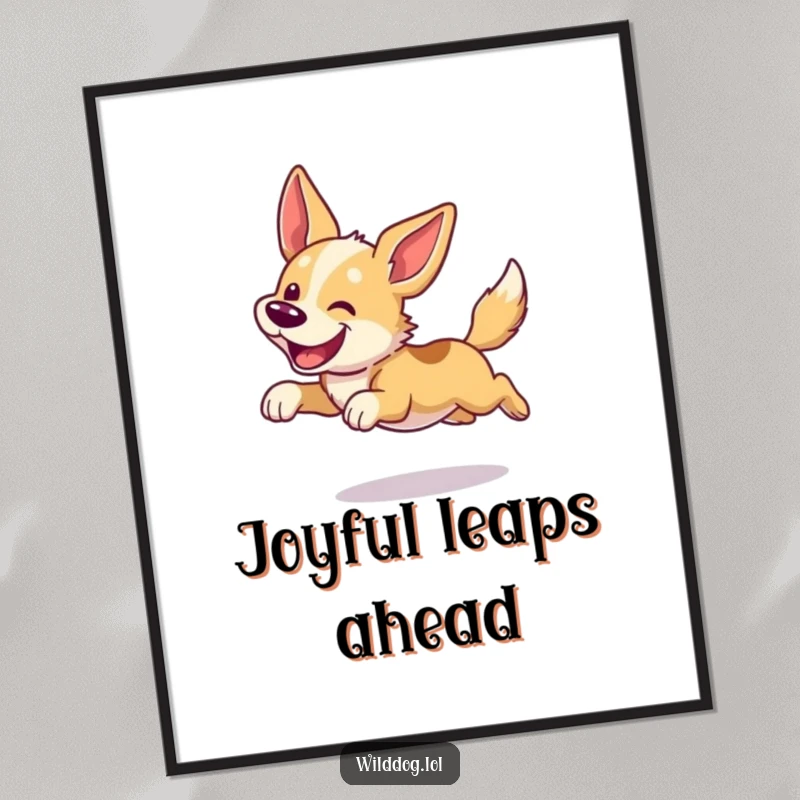 Funny dog digital art print of a wild dog in a happy leap, ears flapping. Instant downloadable humor.