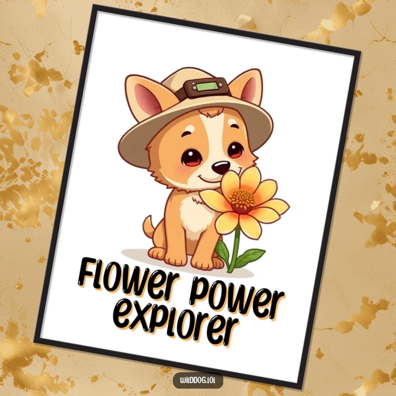 Funny explorer dog digital art print, a curious dog wearing a tiny hat, sniffing a giant flower, a humorous piece for walls.