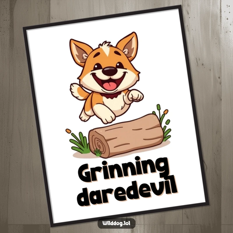Funny wild dog with a big grin, leaping over a log, as digital wall art, ready for instant display.