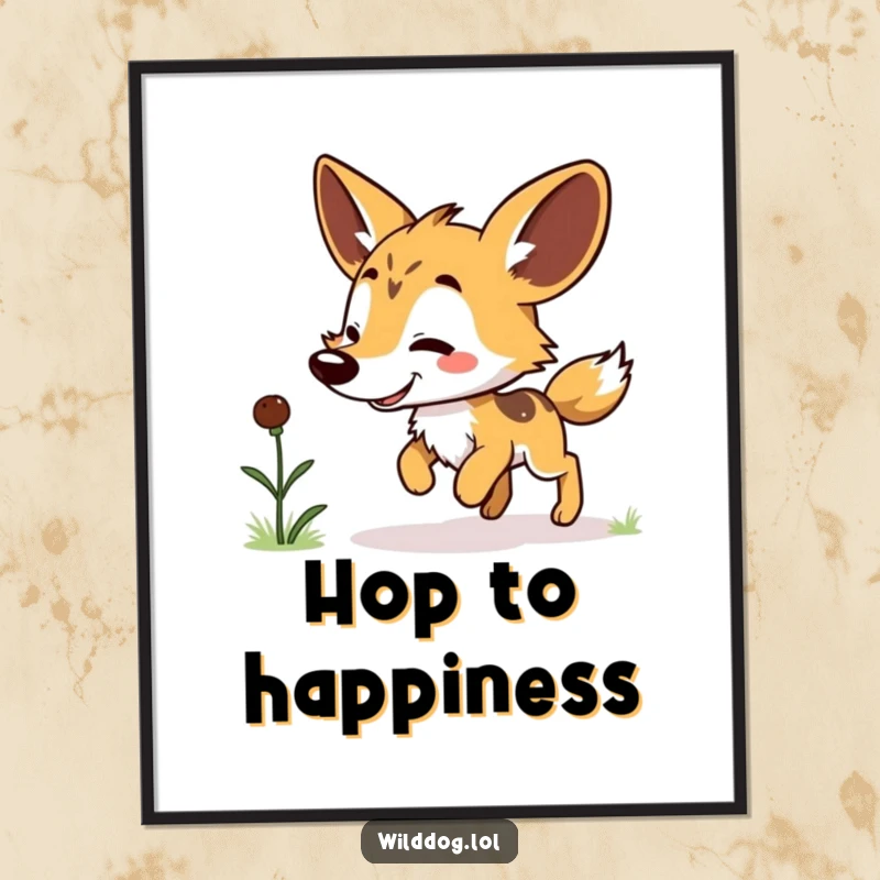 Funny Kawaii Wild Dog Digital Art Print: Cute character doing a little hop for a grub, ready to adorn any wall space with funny charm.