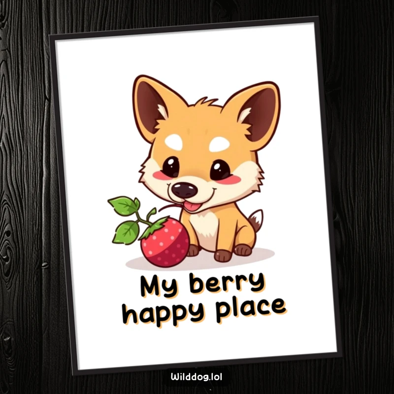 Funny Kawaii Wild Dog Digital Art Print: Cute character nudging a berry, ready to adorn any wall space with funny charm.